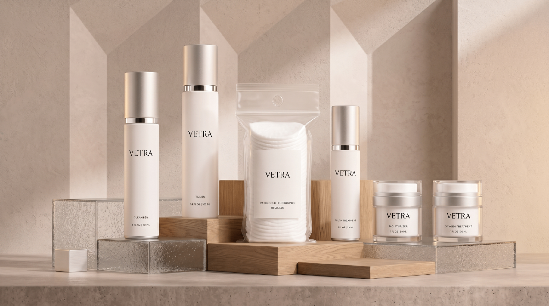 The Vetra collection arranged on minimal stone and wood blocks: cleanser, toner, bamboo cotton rounds, treatment serums, moisturizer, and oxygen treatment.